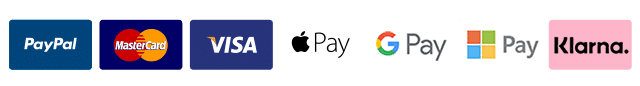 Payment icons for Paypal, Mastercard, Visa, ApplePay, GPay, Microsoft Pay and Klarna