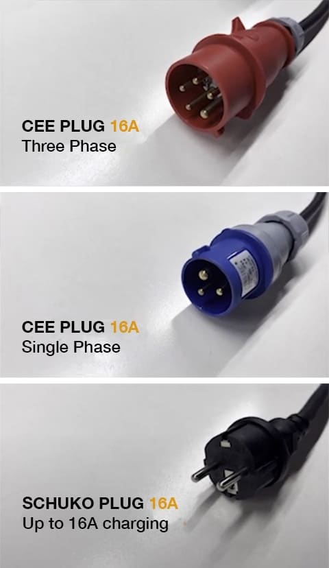 Photo displaying available adapters for this charger: 16A 3 Phase Commando plug, 16A 1 Phase Commando plug and 16A 230V 2 pin Euro plug