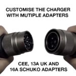 Text reads: Customise the charger with additional adapters. CEE, 13A UK and 16A Schuko adapters