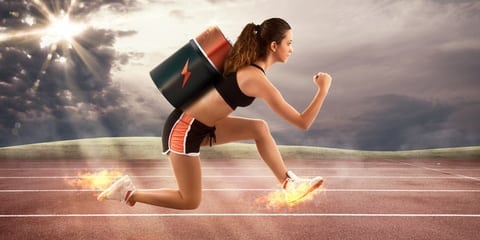 Image of a lady running with a battery on her back