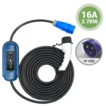 Photo of an EV charger that will charge a hybrid or full electric vehicle from a blue 1 Phase 16A 3kW CEE socket