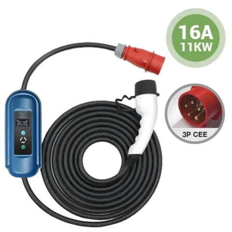 Photo of an EV charger that will charge a hybrid or full electric vehicle from a red 3 Phase 16A 11kW CEE socket