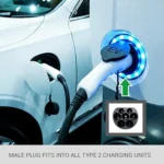 Photo shwing the Type 2 male plug fitting into the socket of an EV charging station