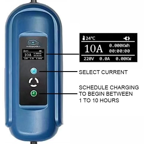 Photo shows the unit of the charger with LED display at 10A and 220V