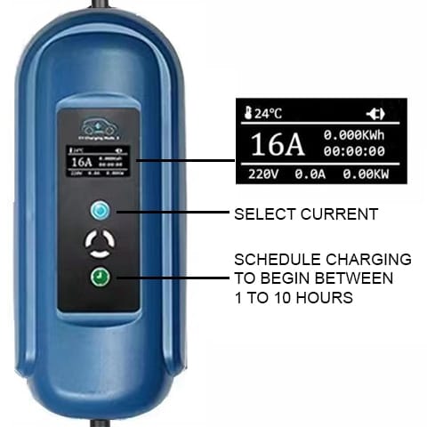 Photo shows the unit of the charger with LED display at 16A and 220V